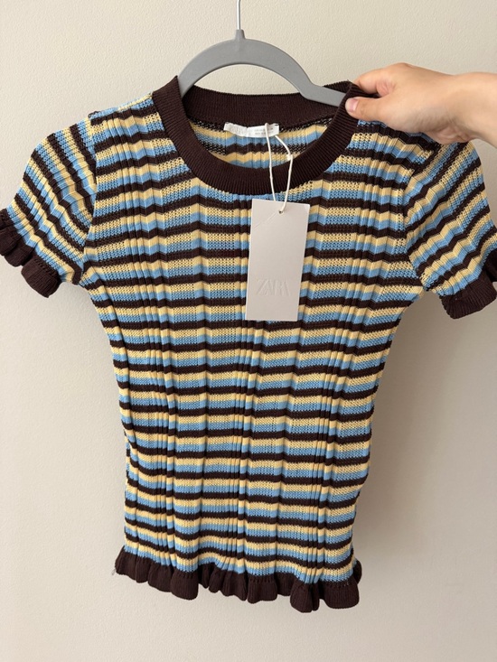 Zara Tops - NWT Zara Ribbed Stripe Knit Tee | Blue Brown Cream | Size S